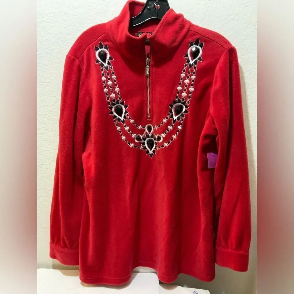 Bob Mackie Wearable Art Red Fleece Zip Jacket Large red Beaded & Embroidery T2